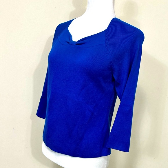 NWOT EVIE Blue Knit w Twist Front & Square V-Neck 3/4 Sleeves Pullover Top S - Picture 9 of 12